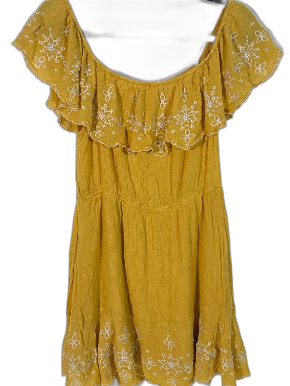 Lulus Yellow Embroidered Off Shoulder Ruffle Dress Medium